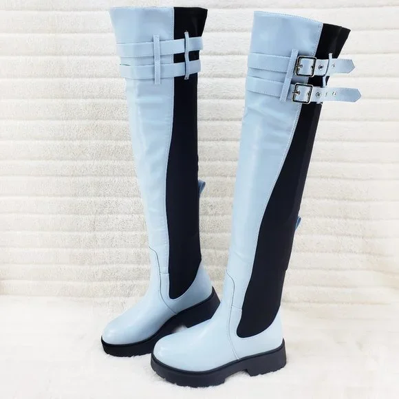 Techno Baby Blue Lycra Stretch Lug Sole Thigh High Combat Rider Brand New - Picture 3 of 16